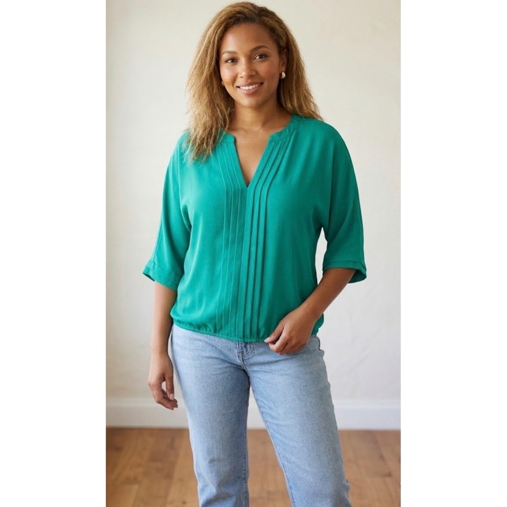 NY & Co 7th Ave Blouse L Teal Pleated V-Neck Dolman 3/4 Sleeves Business Casual